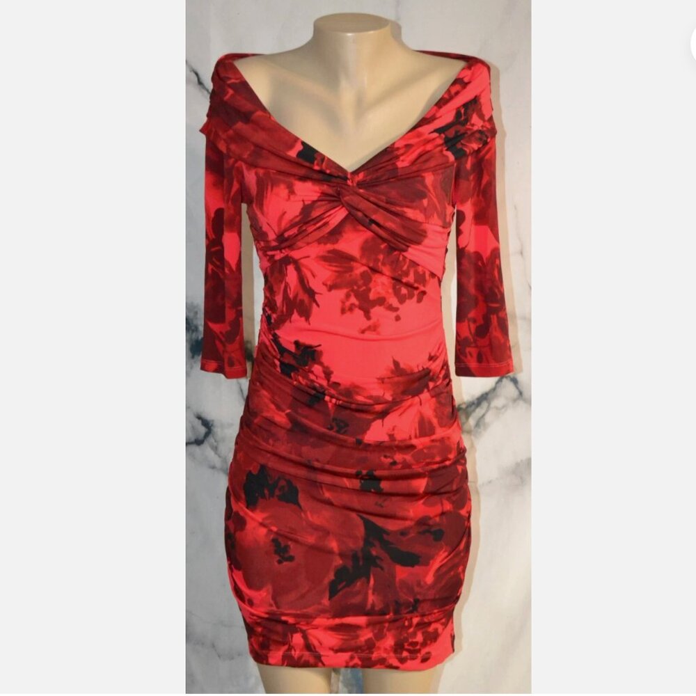 Muse Boston Proper dress 16 Bardot off shoulder bodcon red black floral romantic